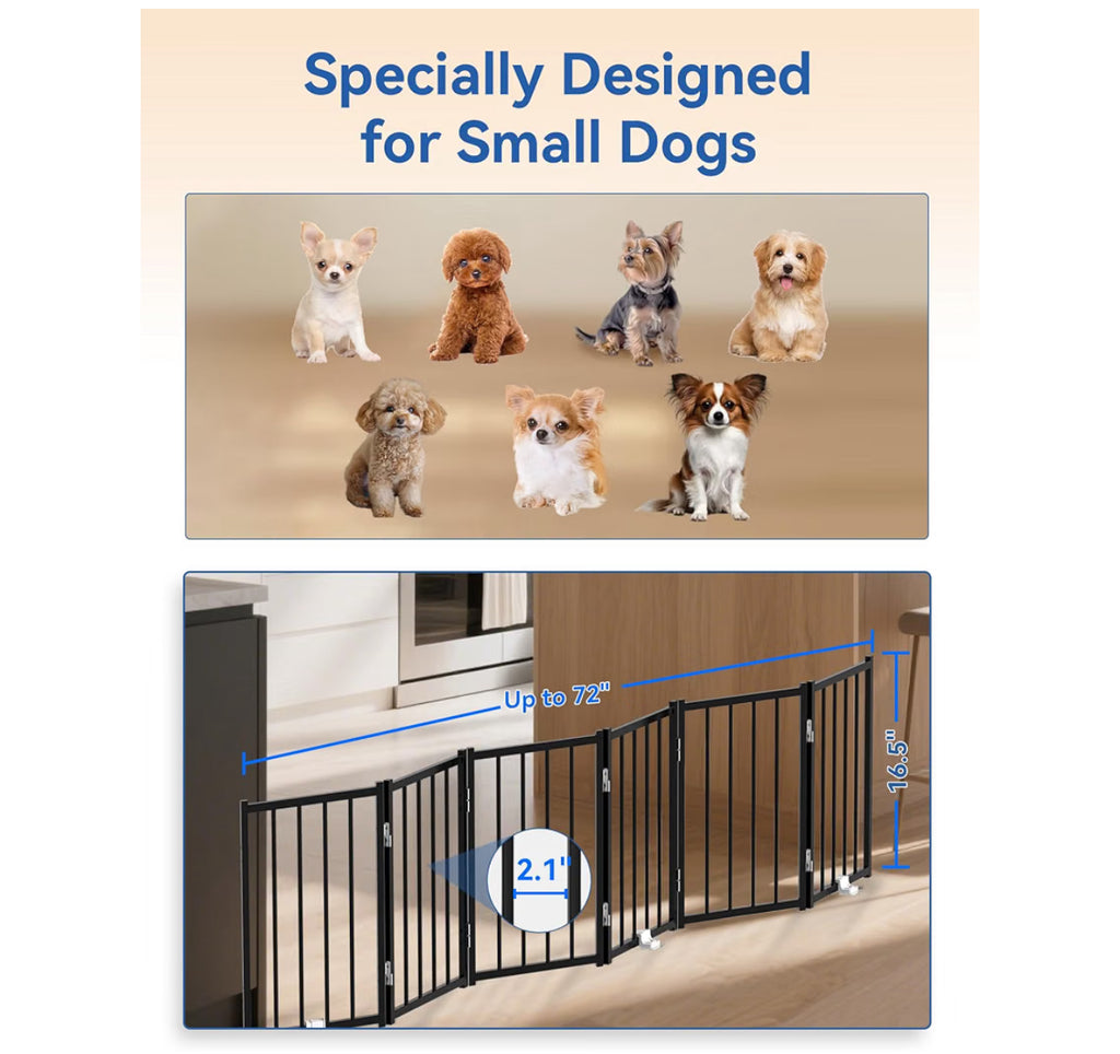 BFNN Metal Short Dog Gate, 16.5" High To Step-Over, Free Standing Foldable Pet Gate, Up To 72" Wide Puppy Fence For Stairs And Doorways, Indoor & Outdoor Use, No Drilling And No Assembly, Black