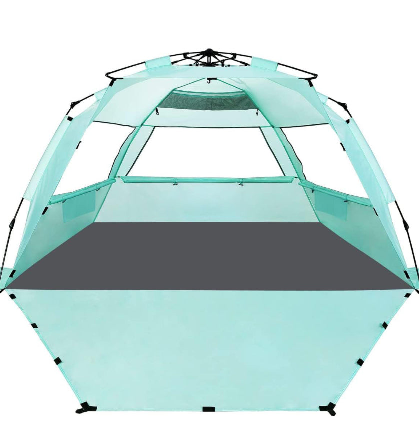 WhiteFang Deluxe XL Pop Up Beach Tent Sun Shade Shelter For 3-4 Person, UV Protection, Extendable Floor With 3 Ventilating Windows Plus Carrying Bag, Stakes, And Guy Lines (Mint Green)