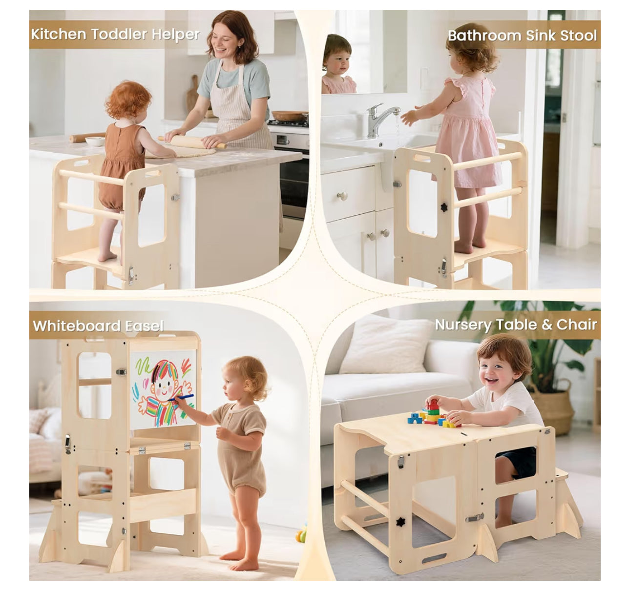 Woodure 4-in-1 Toddler Kitchen Step Stool, Foldable Learning Standing Tower with Whiteboard, Wooden Kitchen Stool Helper for Kids, 1-3 Year Old Boy Girl Gifts