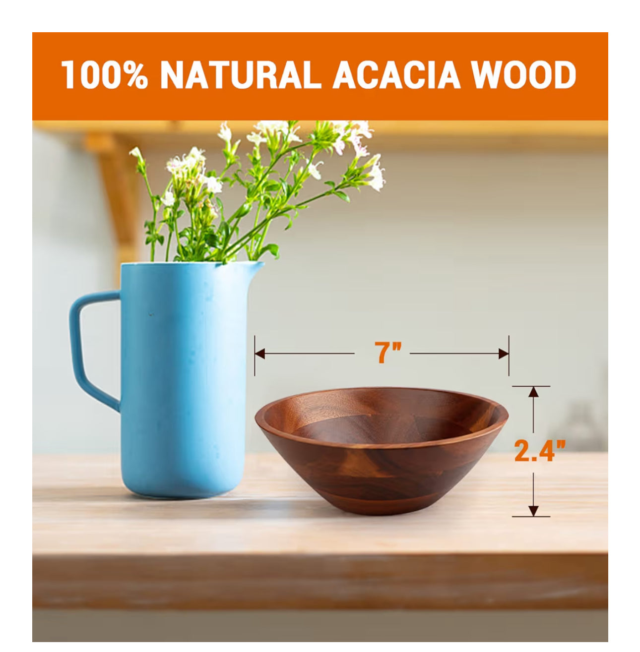 AIDEA Acacia Wooden Serving Bowls, 7 Inch Set of 4 for Salad, Soup, Noodle and More