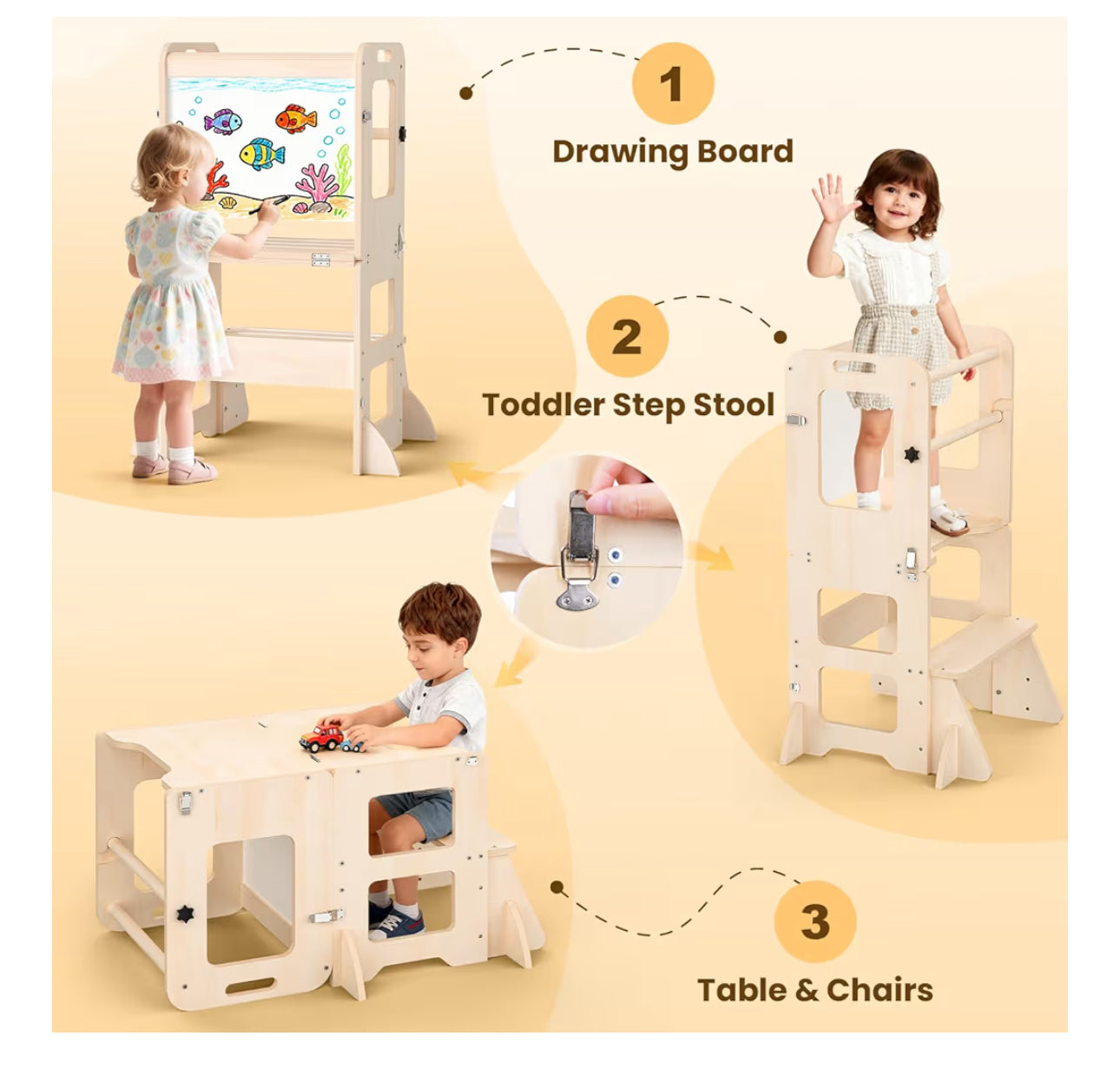 Woodure 4-in-1 Toddler Kitchen Step Stool, Foldable Learning Standing Tower with Whiteboard, Wooden Kitchen Stool Helper for Kids, 1-3 Year Old Boy Girl Gifts
