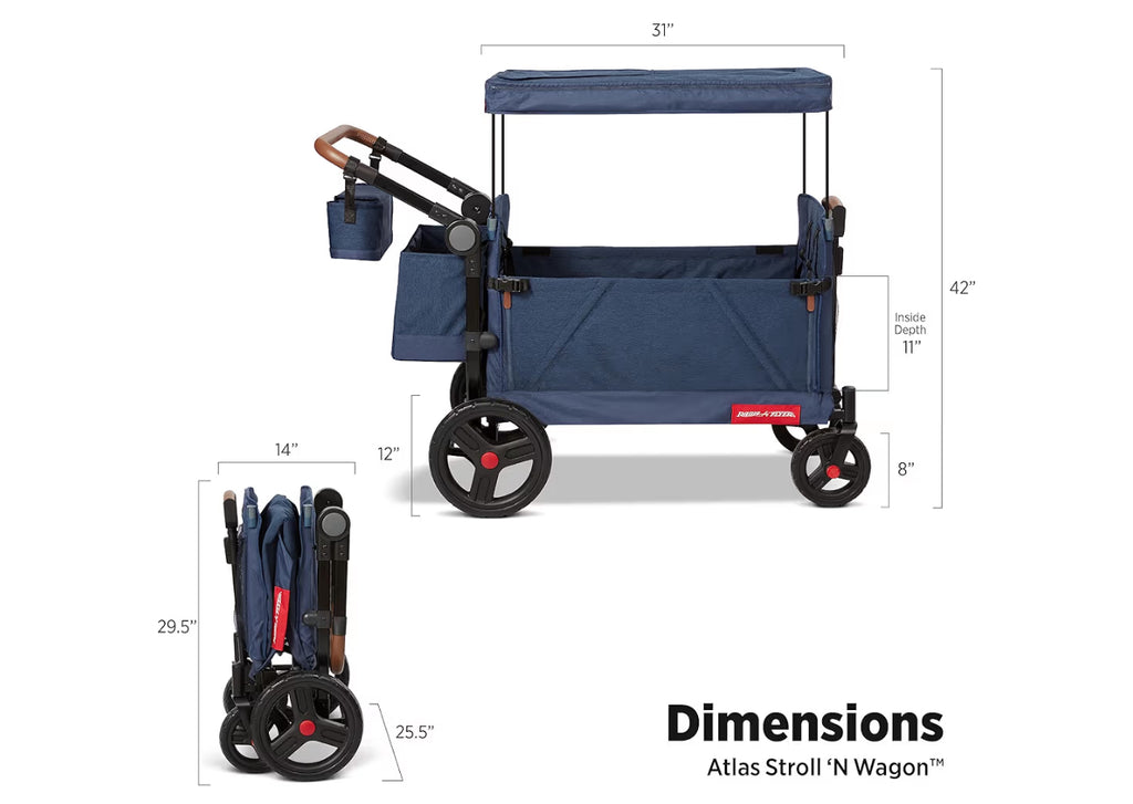 Radio Flyer Atlas Stroll ’N Wagon, Navy Blue, for Ages 1+, 3-in-1 Push or Pull Versatility, One-Hand Fold, UV Canopy, 5-Point Harnesses, Storage Capabilities, Rubber Wheels, Stroller Wagon for Kids