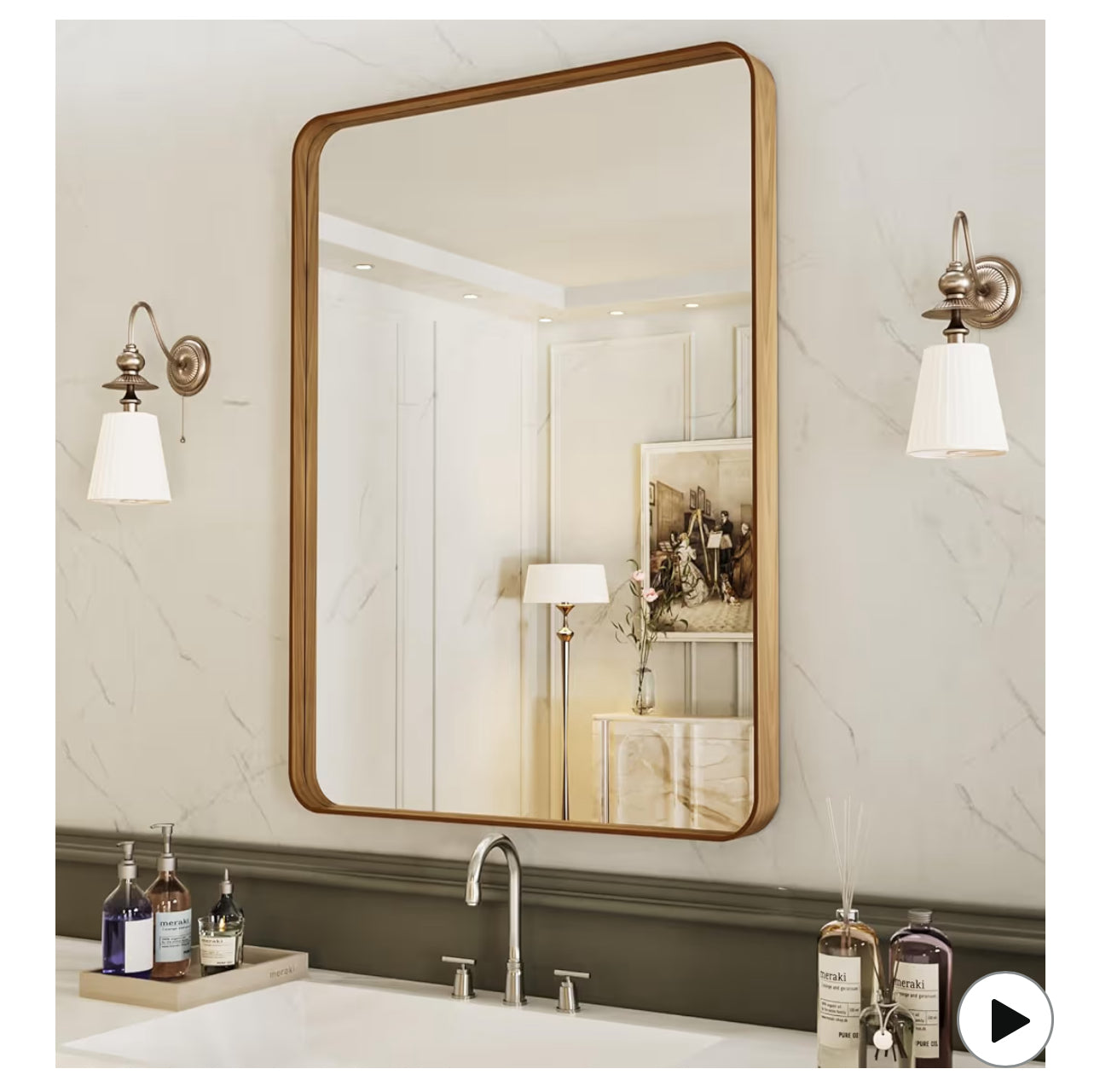 LOAAO 20X30 Inch Bathroom Mirror With Wood Grain Colored Metal Frame, Rounded Rectangle Metal Framed Bathroom Mirror, Anti-Rust, Hangs Horizontally Or Vertically