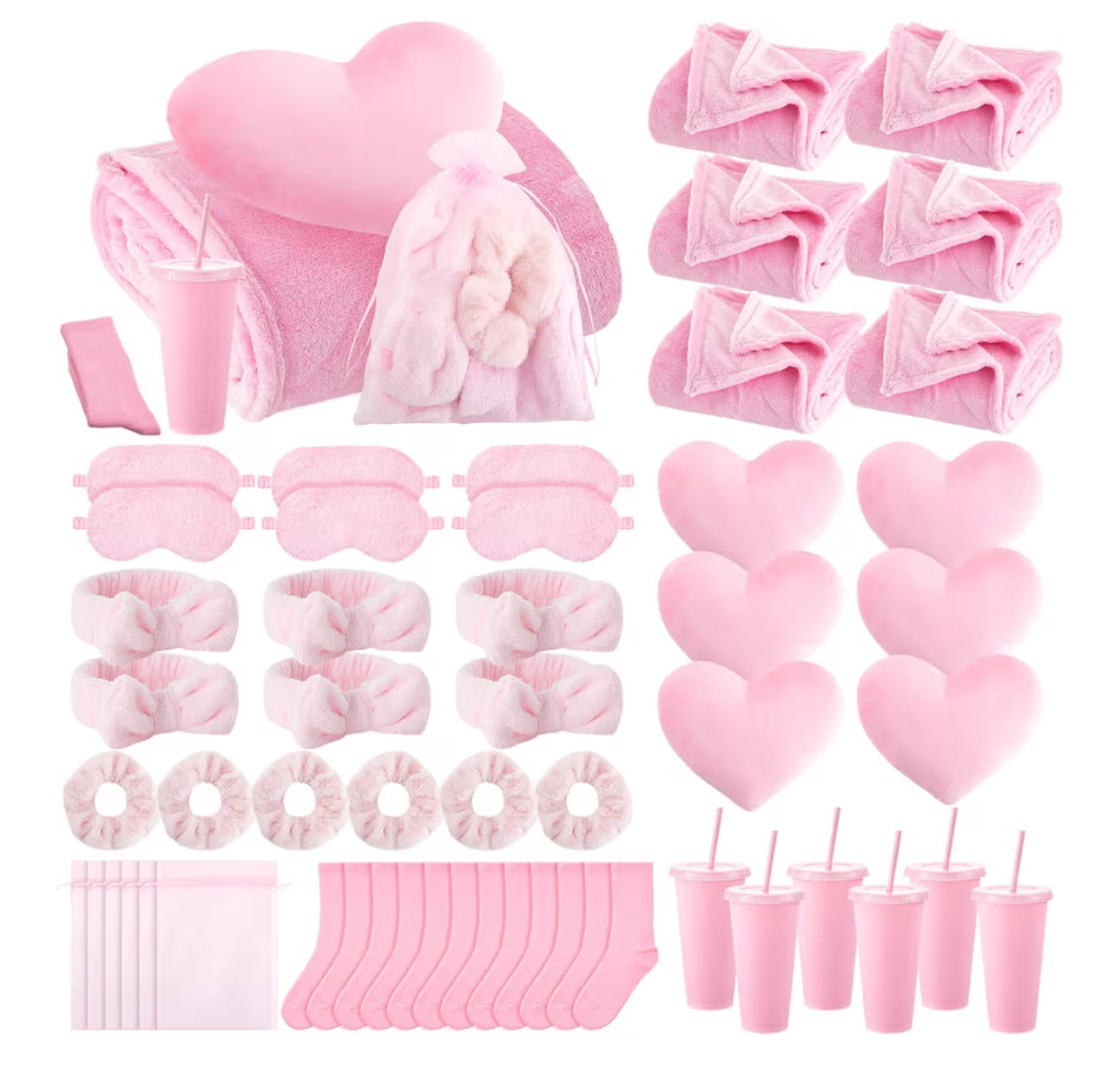 Fanfanwin 48 Pcs Sleepover Party Supplies Spa Birthday Slumber Pajamas Galentines Party Favors Coquette Throw Blanket Pillow Headband Scrunchies Eye Mask Cup Socks(Pink,Solid Color)