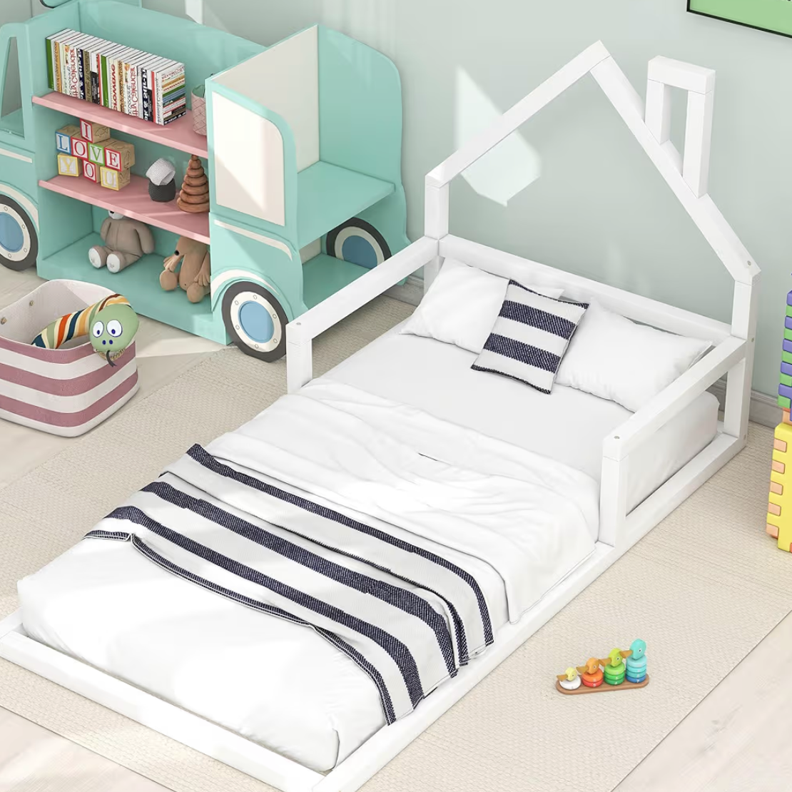 Twin Size Simple Floor Bed with House-Shaped Headboard,Wood Grounded Bed Frame,w/Slat Support,No Box Spring Required,for Kids Teens Girls Boys Bedroom,White