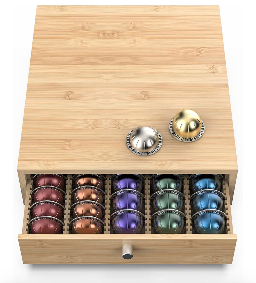 WELL WENG For Nespresso Vertuo Capsules (NV140) - Premium Bamboo Coffee Pod Drawer, 40 Big Or 52 Small Vertuoline Pods Organizer Holder - 10.8"Wx15.6"Dx3.9"H (Natural)