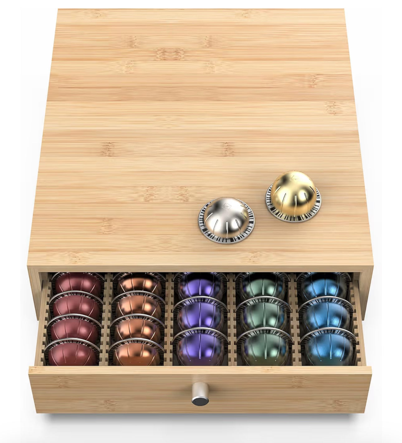 WELL WENG For Nespresso Vertuo Capsules (NV140) - Premium Bamboo Coffee Pod Drawer, 40 Big Or 52 Small Vertuoline Pods Organizer Holder - 10.8"Wx15.6"Dx3.9"H (Natural)