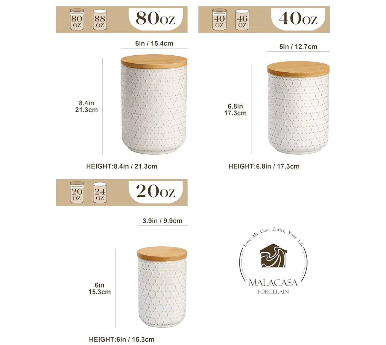 MALACASA LYDIA Ceramic Canisters Set With Airtight Lids, 80/40/20 Oz Coffee Canisters Sets For The Kitchen, Large Jars For Flour, Sugar, Pasta, Coffee, Cookies, Tea - Set Of 3, Hexagon