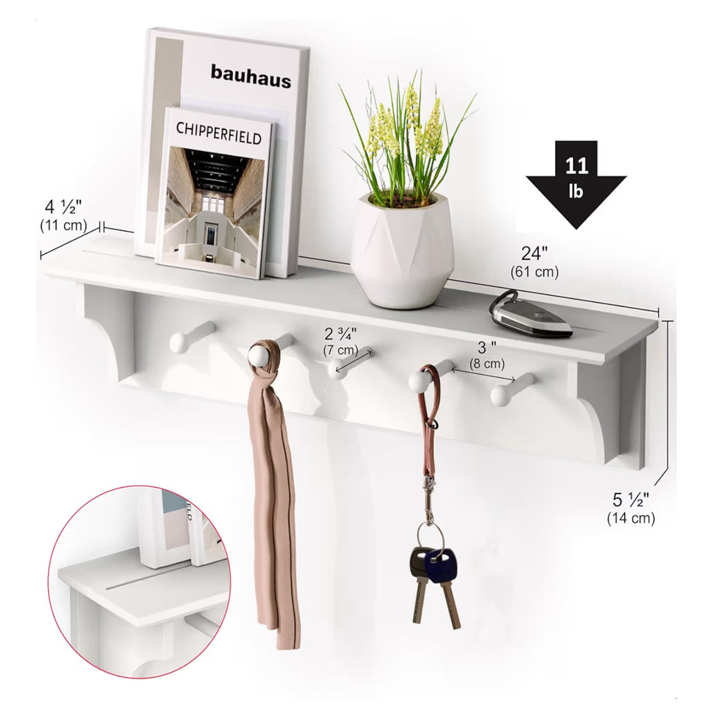 Ballucci Floating Coat And Hat Wall Shelf Rack, 5 Pegs Hook, 24", White