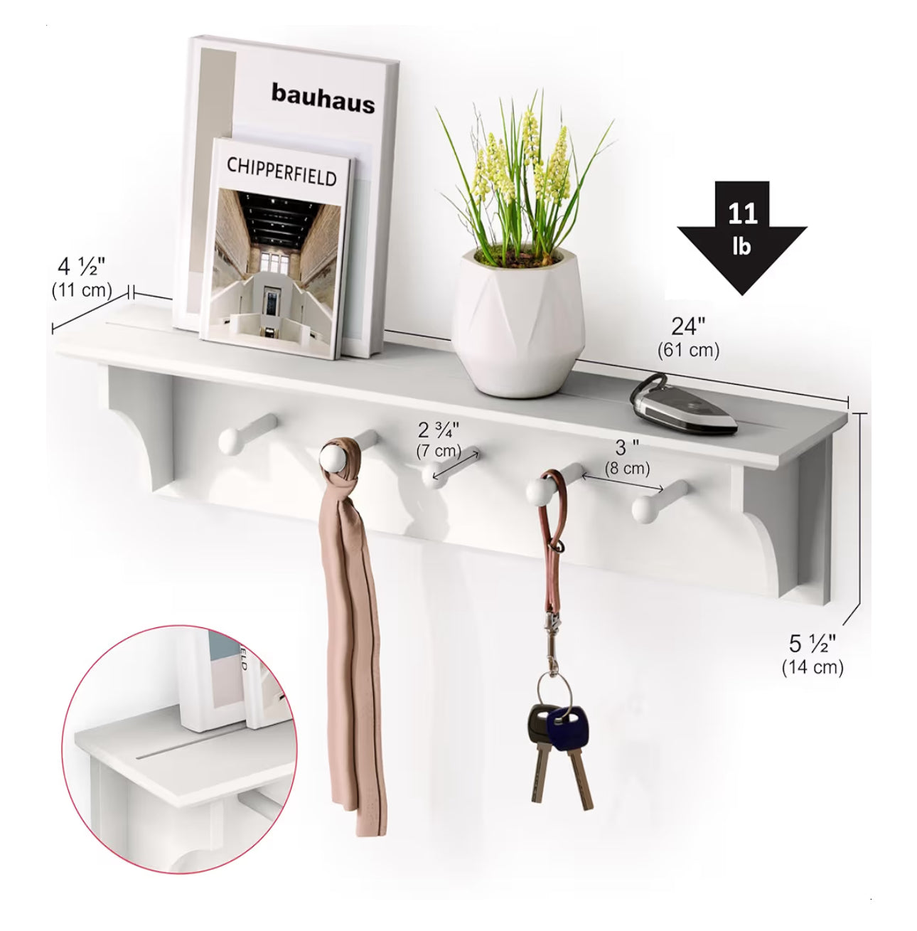 Ballucci Floating Coat And Hat Wall Shelf Rack, 5 Pegs Hook, 24", White