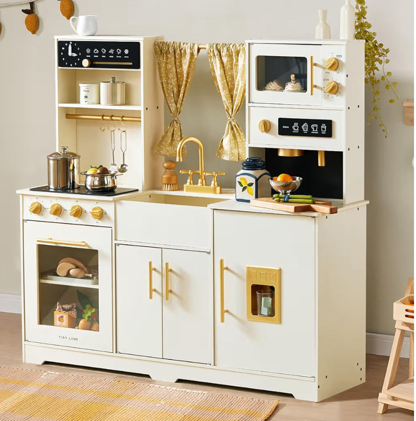 Tiny Land® Iconic Wooden Play Kitchen – Cream Pretend Cooking Set For Kids