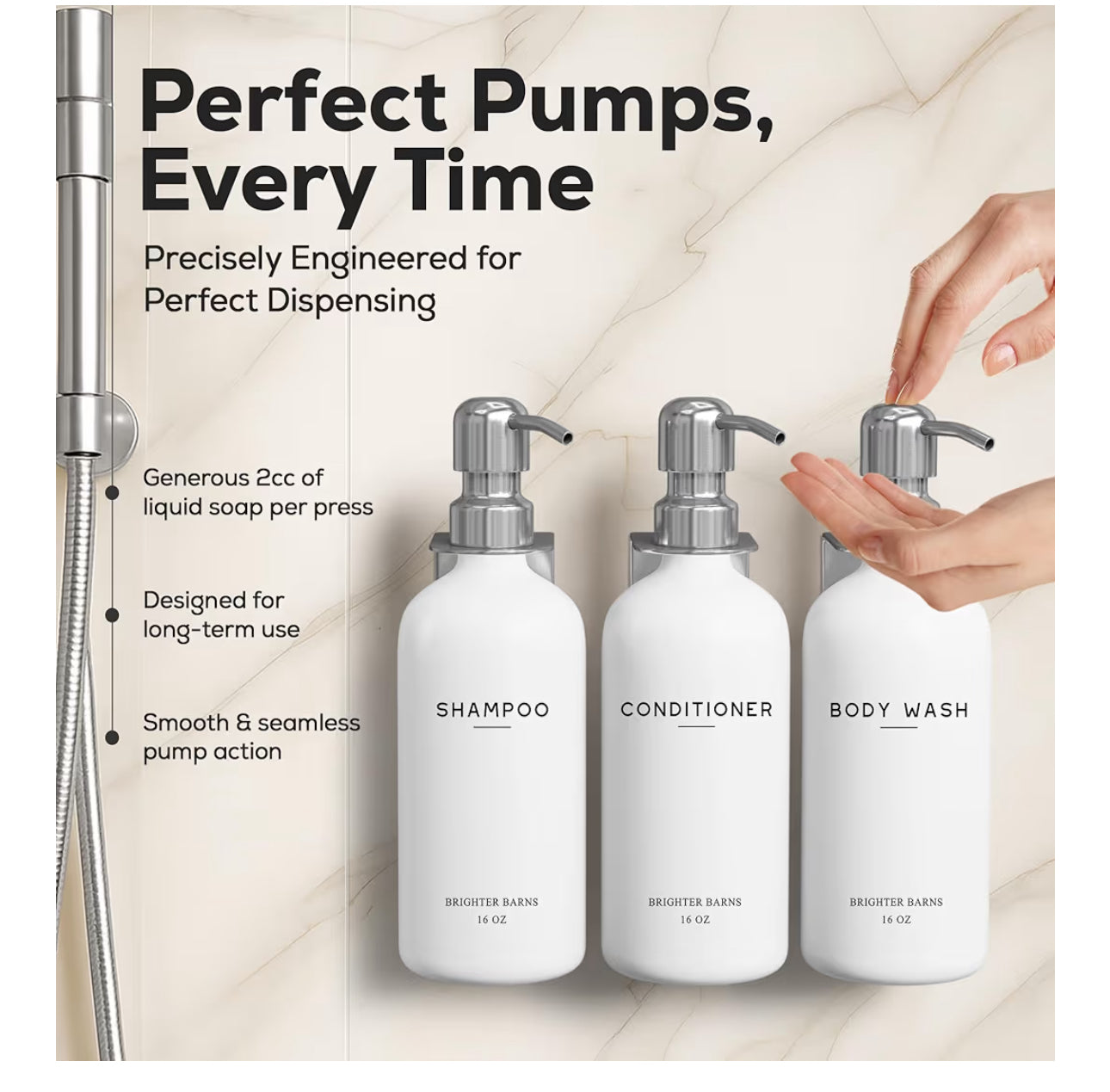 Luxury Shampoo And Conditioner Dispenser Set Wall Mounted By Brighter Barns - Refillable Shampoo Dispenser For Shower Wall - Shower Bottles 3 Chamber No Drill For Guest Bathroom, Airbnb, Hotel (White)