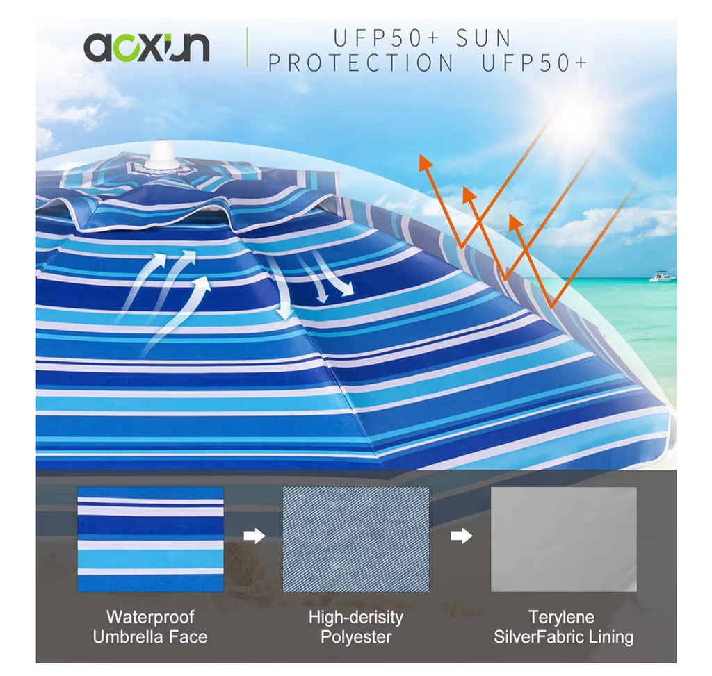 Aoxun 6.5ft Beach Umbrella With Tilt Pole, Portable Sand Anchor And Carry Bag, UPF 50+ Sun Shelter Air Vents Design For Outdoor Activities (Navy Blue & White)