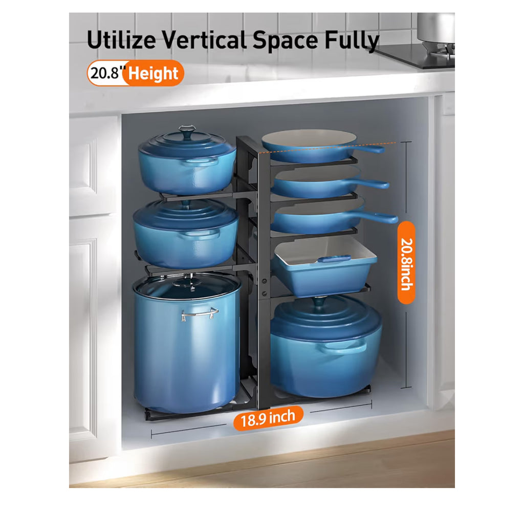 ORDORA 8-Tier Pots And Pans Organizer Under Cabinet, Kitchen Cabinet Organizers And Storage, Heavy Duty 120LBS Pots And Pan Storage Rack Organizer Inside Cabinet, Adjustable, Silver
