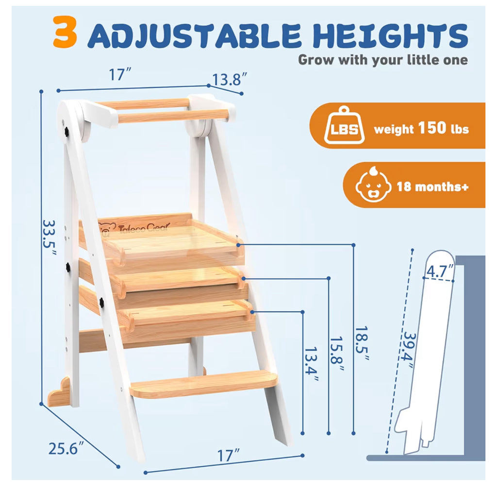Foldable Toddler Tower, Toddler Kitchen Stool Helper With Safety Net, Wooden Kitchen Step Stool For Toddlers With Adjustable Height, Standing Tower For Learning And Cooking(White)