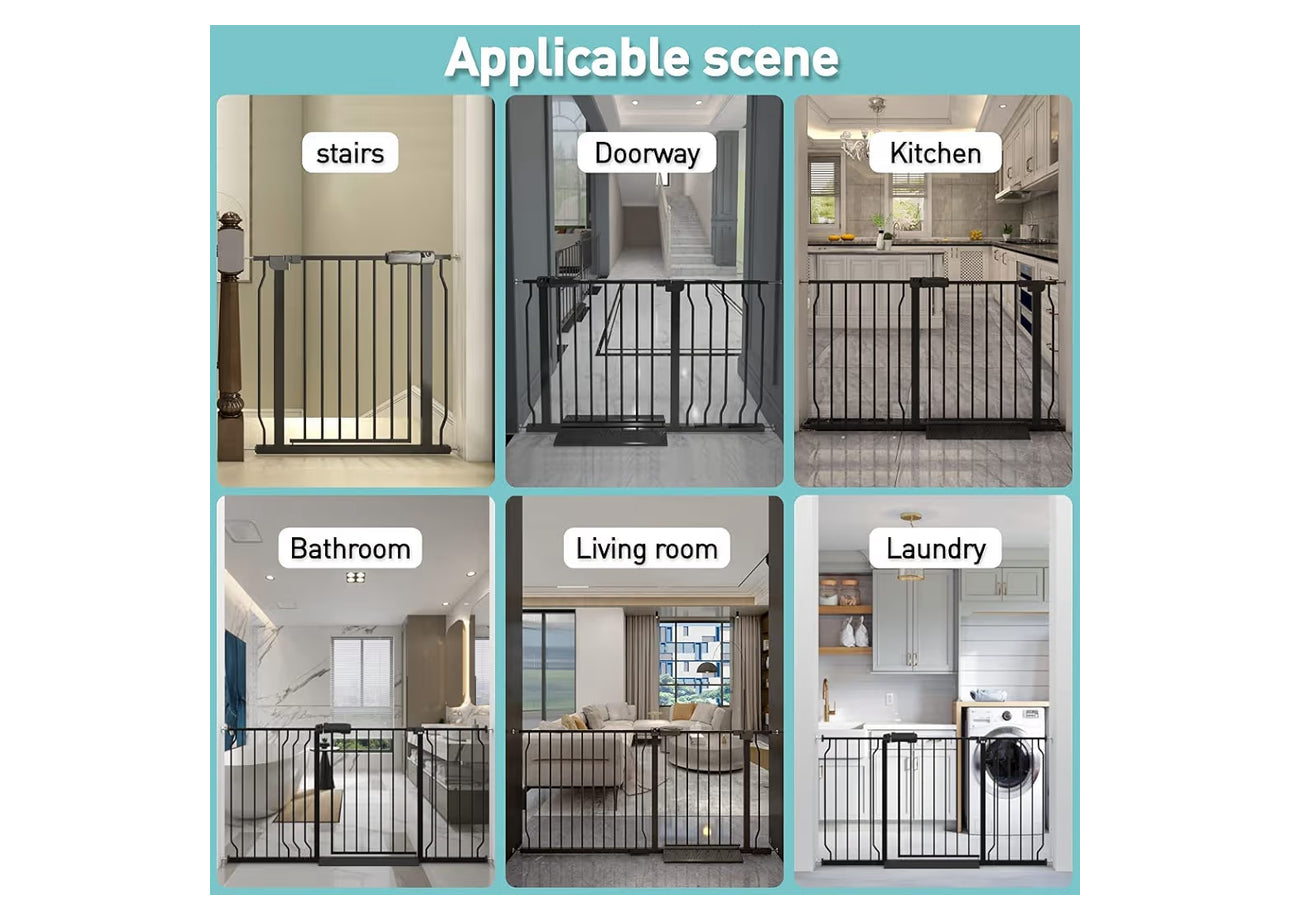 WAOWAO Baby Gate 62.19-66.92" Extra Wide Pressure Mounted Walk Through Swing Auto Close Safety Black Metal Toddler Kids Child Dog Pet Puppy For Stairs,Doorways,Kitchen