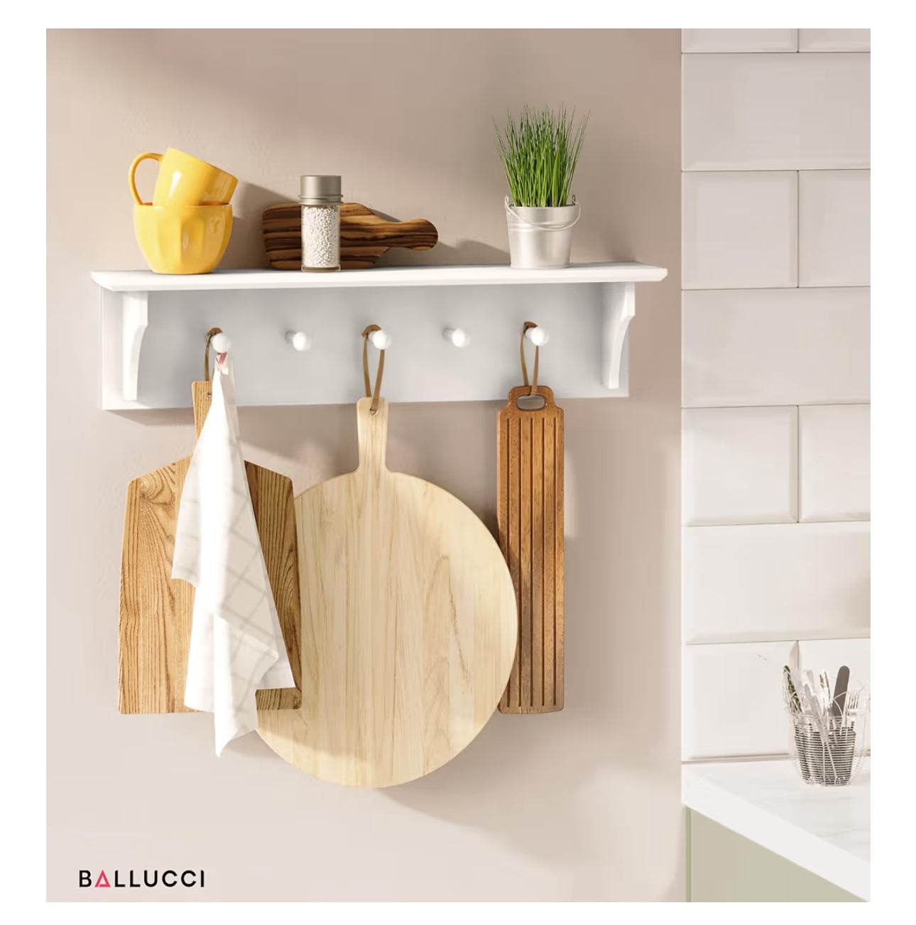 Ballucci Floating Coat And Hat Wall Shelf Rack, 5 Pegs Hook, 24", White