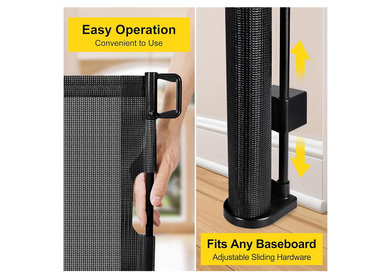 Reinforced 42” Extra Tall Retractable Baby Gates With Rods, Extends Up To 60” Wide, Tall Retractable Dog Gate For Doorways Prevent Crawling Through Mesh Pet Gate Indoor Outdoor, Black