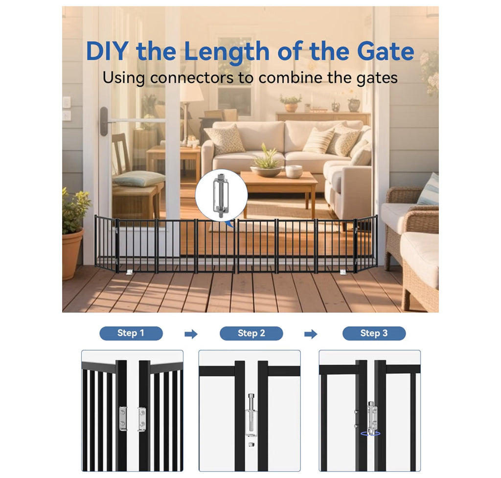 BFNN Metal Short Dog Gate, 16.5" High To Step-Over, Free Standing Foldable Pet Gate, Up To 72" Wide Puppy Fence For Stairs And Doorways, Indoor & Outdoor Use, No Drilling And No Assembly, Black