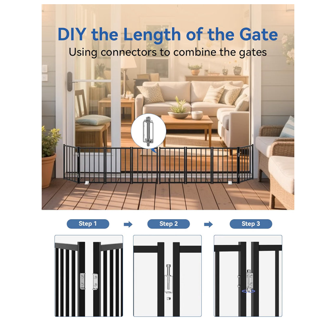 BFNN Metal Short Dog Gate, 16.5" High To Step-Over, Free Standing Foldable Pet Gate, Up To 72" Wide Puppy Fence For Stairs And Doorways, Indoor & Outdoor Use, No Drilling And No Assembly, Black