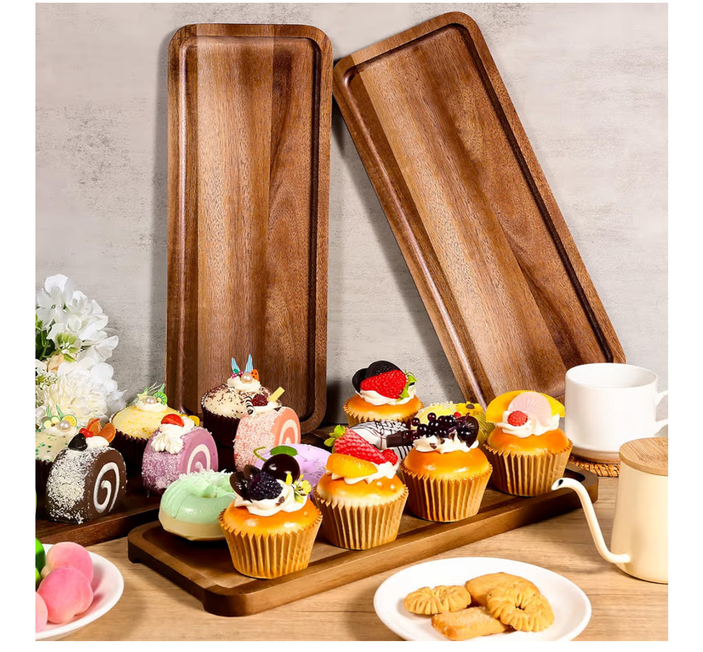 BIEOFFEI Small Charcuterie Boards Rectangular Long Wooden Platters Acacia Wood Serving Tray 2 Pcs Wooden Tray Kitchen Charcuterie Platter For Food Cookie Dessert Fruit Snack, 14" X 5.5" X 0.6"