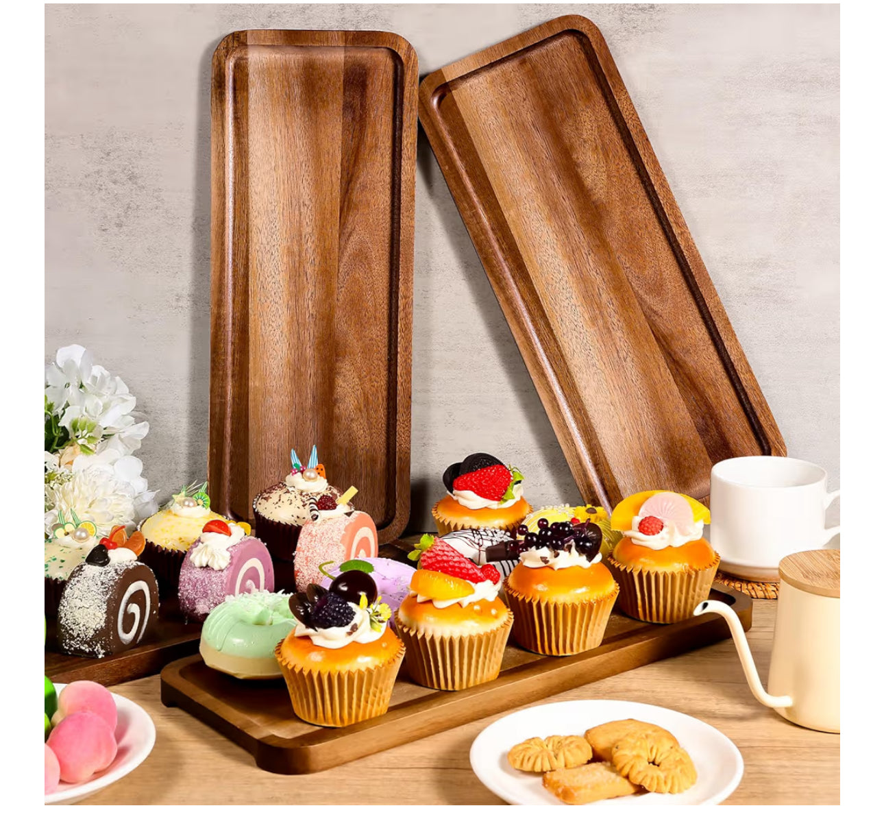 BIEOFFEI Small Charcuterie Boards Rectangular Long Wooden Platters Acacia Wood Serving Tray 2 Pcs Wooden Tray Kitchen Charcuterie Platter For Food Cookie Dessert Fruit Snack, 14" X 5.5" X 0.6"