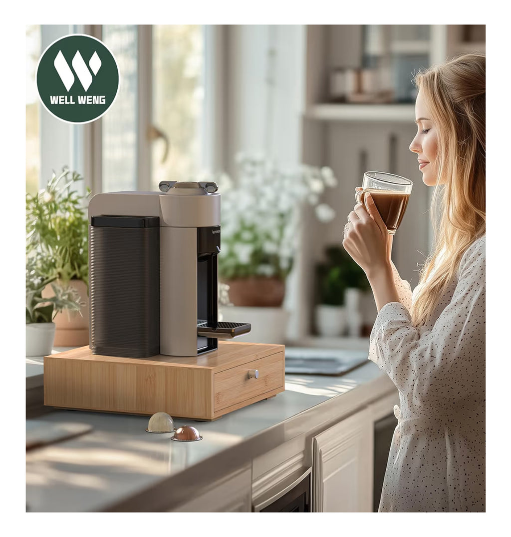 WELL WENG For Nespresso Vertuo Capsules (NV140) - Premium Bamboo Coffee Pod Drawer, 40 Big Or 52 Small Vertuoline Pods Organizer Holder - 10.8"Wx15.6"Dx3.9"H (Natural)