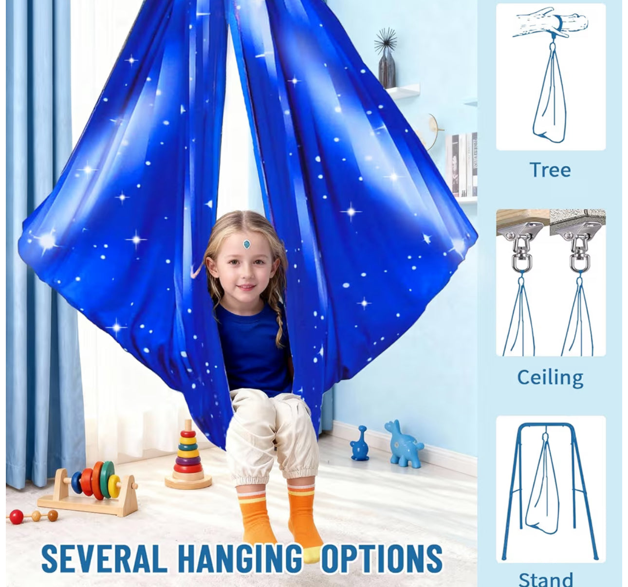 Sensory Swing For Kids & Adults With 360° Swivel Hanger Kit, Double Layer Elastic Therapy Swing Holds Up To 300lbs For Autism, ADHD,Aspergers, And SPD (Blue Sky Star)