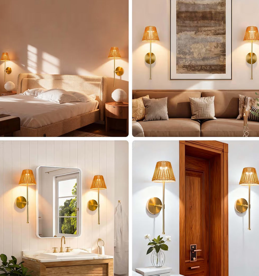 Dimmable Rechargeable Wall Sconce, Battery Operated Wall Light With 3 Color Temperatures & Touch Control, No Wiring Needed, Hand Woven Boho Rattan Lamps Set Of 2 For Living Room, Bedroom (Rattan)