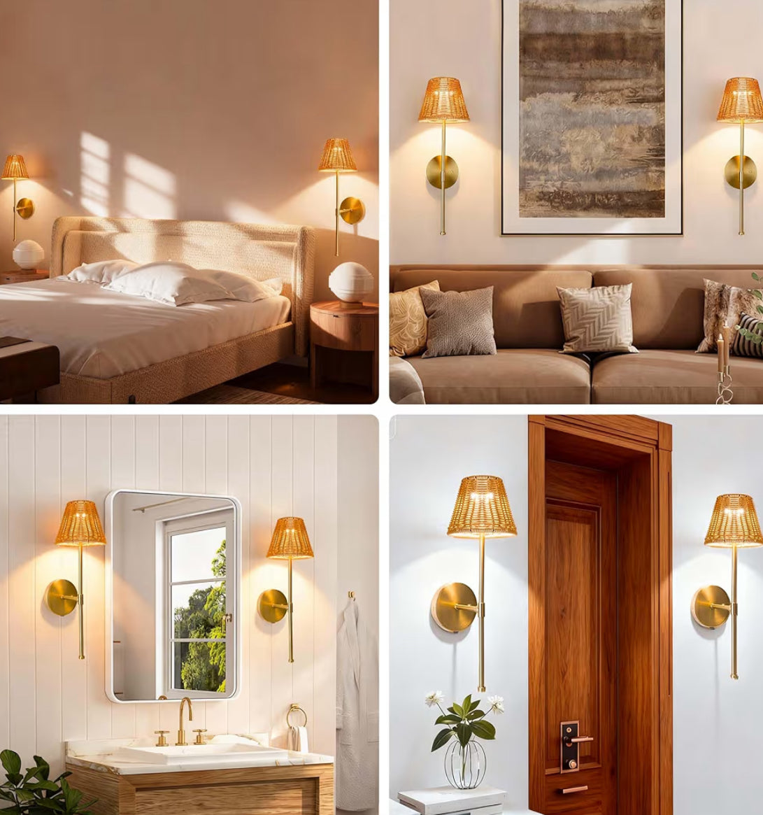 Dimmable Rechargeable Wall Sconce, Battery Operated Wall Light With 3 Color Temperatures & Touch Control, No Wiring Needed, Hand Woven Boho Rattan Lamps Set Of 2 For Living Room, Bedroom (Rattan)
