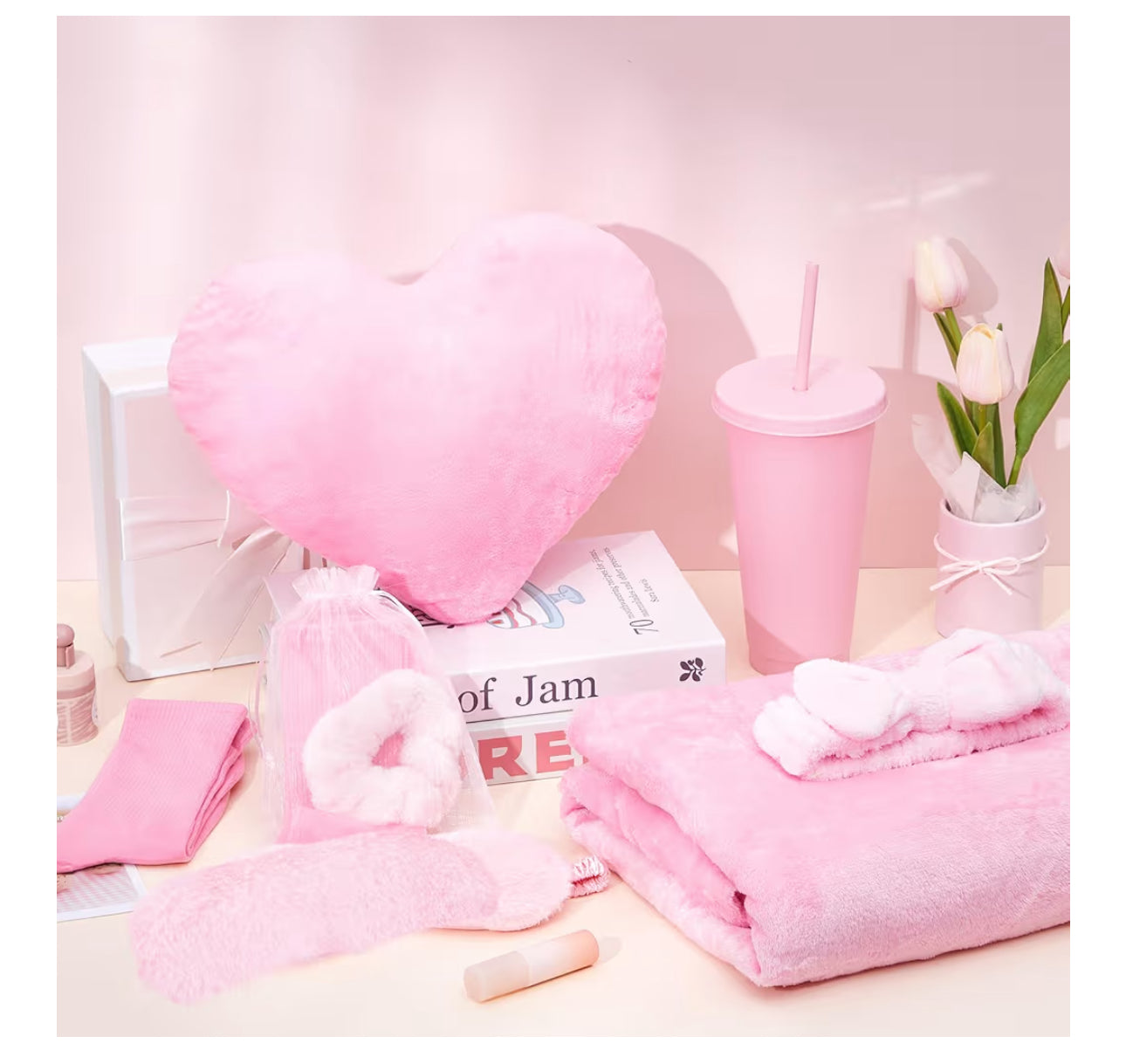 Fanfanwin 48 Pcs Sleepover Party Supplies Spa Birthday Slumber Pajamas Galentines Party Favors Coquette Throw Blanket Pillow Headband Scrunchies Eye Mask Cup Socks(Pink,Solid Color)