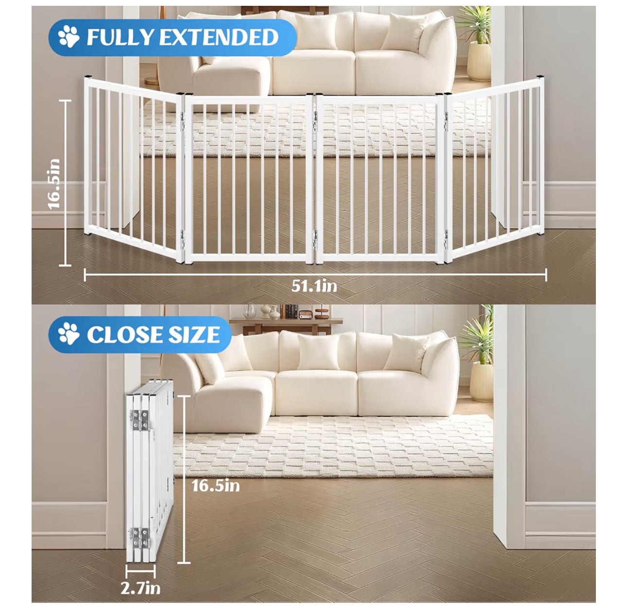 Freestanding Short Dog Gate, 16.5" Tall Small Pet Gate Easily Step Over, Metal Foldable Pet Gate, Up To 51" Wide Puppy Fence, Gate For Stairs And Doorways, Indoor, Outdoor Use, No Drill Pressure Mount