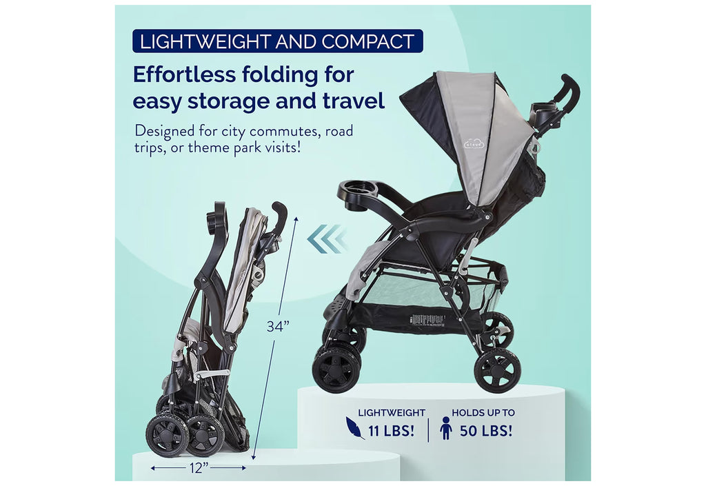 Kolcraft Cloud Plus Lightweight Umbrella Stroller for Toddlers with Reclining Seat, Large Storage Basket, Canopy, Infant & Parent Trays, Compact Fold for Summer Travel, Durable Frame, Slate Gray