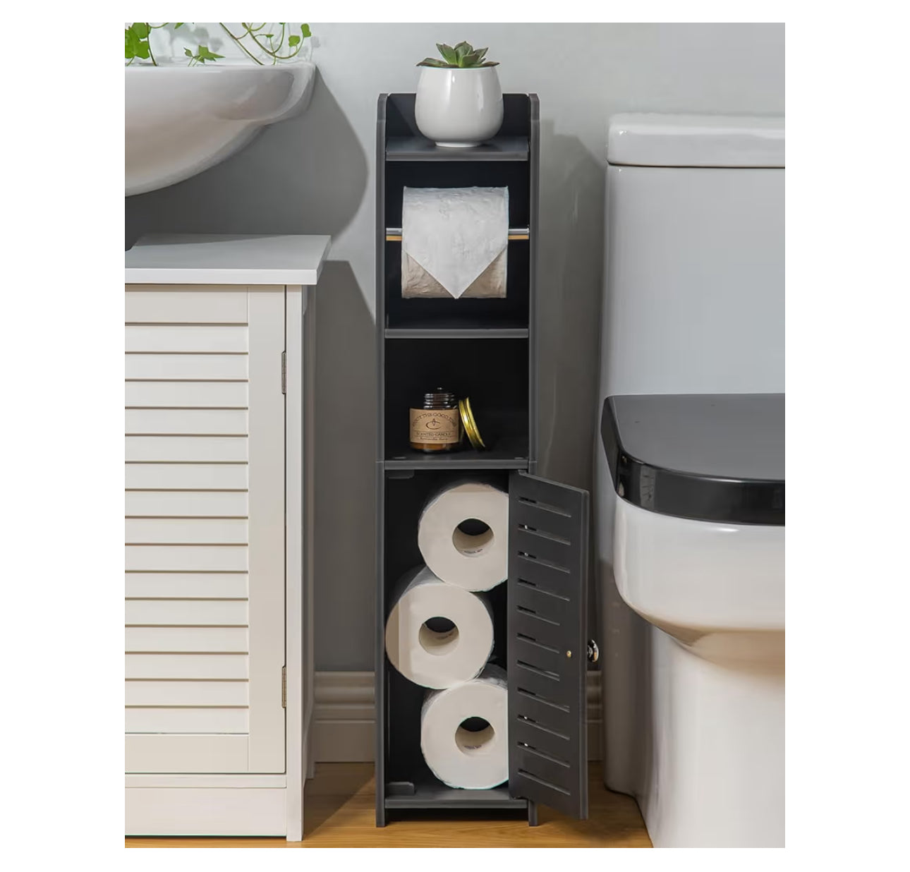 AOJEZOR Toilet Paper Holder Stand: Freestanding No Drill PVC Bathroom Storage For Apartment Renters -Protect Rental Deposit- Small Space Storage Solution