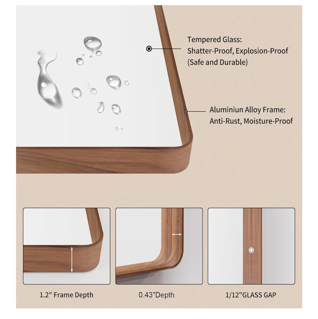LOAAO 20X30 Inch Bathroom Mirror With Wood Grain Colored Metal Frame, Rounded Rectangle Metal Framed Bathroom Mirror, Anti-Rust, Hangs Horizontally Or Vertically