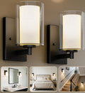 Kalium Wall Sconces Set Of Two, Modern Vanity Lights With Double Clear Glass Shade Matte Black Indoor Farmhouse Wall Lights For Bathroom Living Room Bedroom Mirror Hallway Bulb E26 Base (2PCS)