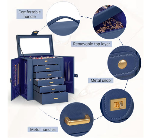 AKOZLIN Large Jewelry Box Organizer Functional Lockable With Big Mirror, Leather Jewelry Storage Case For Women Girls Ring Necklace Earring Bracelet Holder Organizer Blue