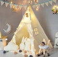 TreeBud Kids Teepee Tent With Padded Mat, Banner, Fairy Lights, Yarn Ball, Carry Bag, Beige Cotton Canvas Play Tent For Child With Tassels Lace, Play House Tipi For Kids Room Decor