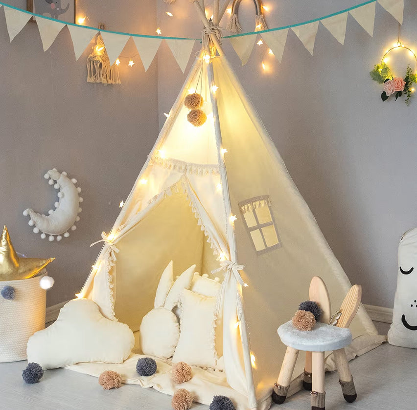 TreeBud Kids Teepee Tent With Padded Mat, Banner, Fairy Lights, Yarn Ball, Carry Bag, Beige Cotton Canvas Play Tent For Child With Tassels Lace, Play House Tipi For Kids Room Decor