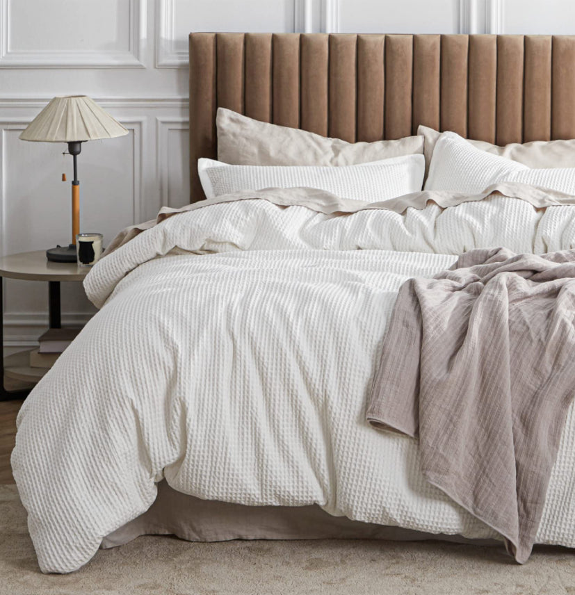 Bedsure Cotton Duvet Cover Queen - 100% Cotton Waffle Weave Coconut White Duvet Cover Queen Size, GentleSoft™ And Breathable Bedding Set For All Season, 3 Pieces, 90"X90"