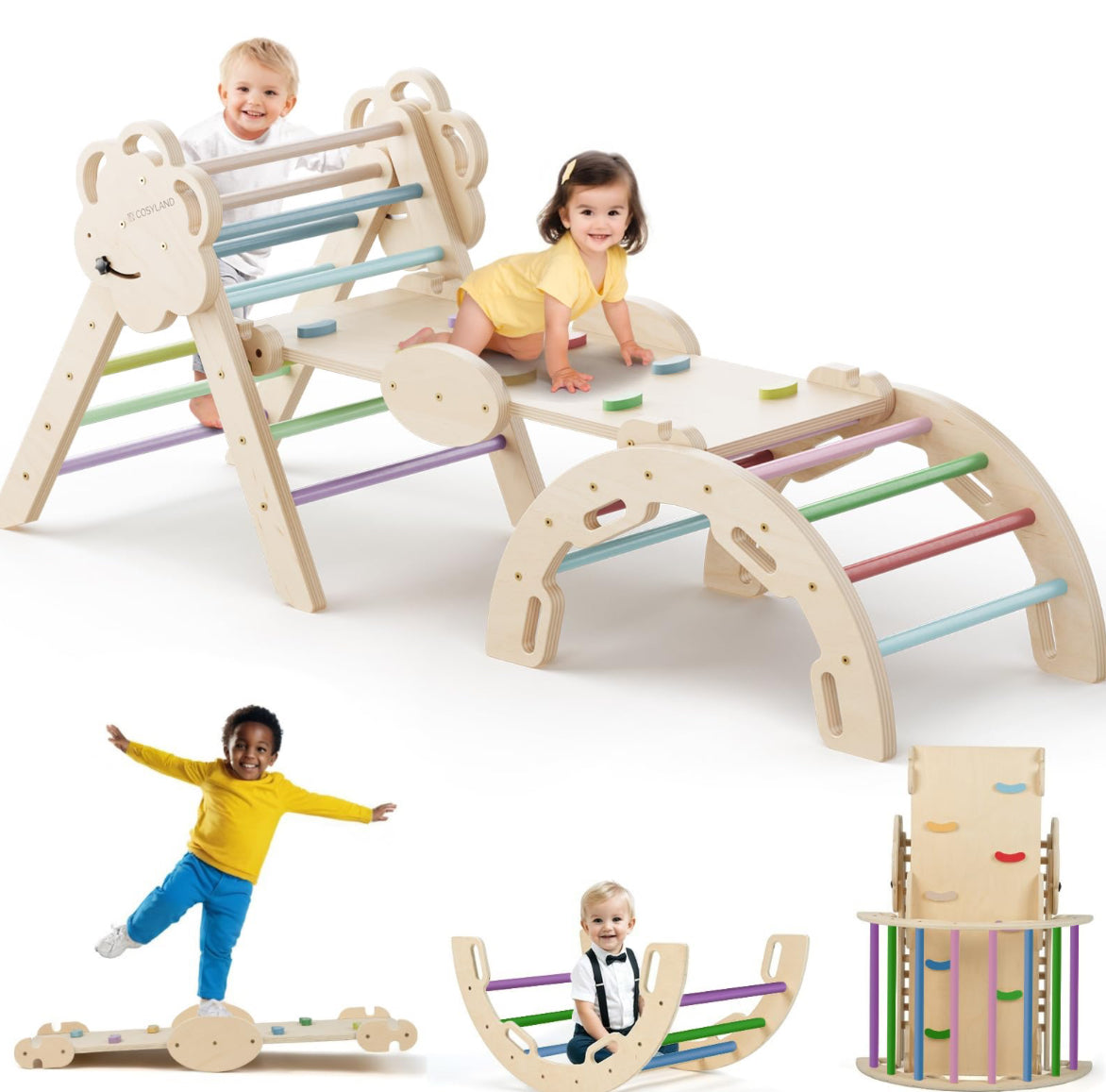 COSYLAND Pikler Triangle Set - 8 In 1 Large Climbing Toys For Indoor - Wooden Foldable Jungle Gym For Toddler & Baby, CPC/SOR/CE Certified Enjoys Unique Patented Design, Rainbow