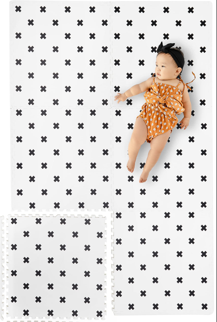 Yay Mats Stylish Extra Large Baby Play Mat. Soft, Thick, Non-Toxic Foam Covers 6 Ft X 4 Ft. Expandable Tiles With Edges Infants And Kids Playmat Tummy Time Mat (Brooklyn Cross White)