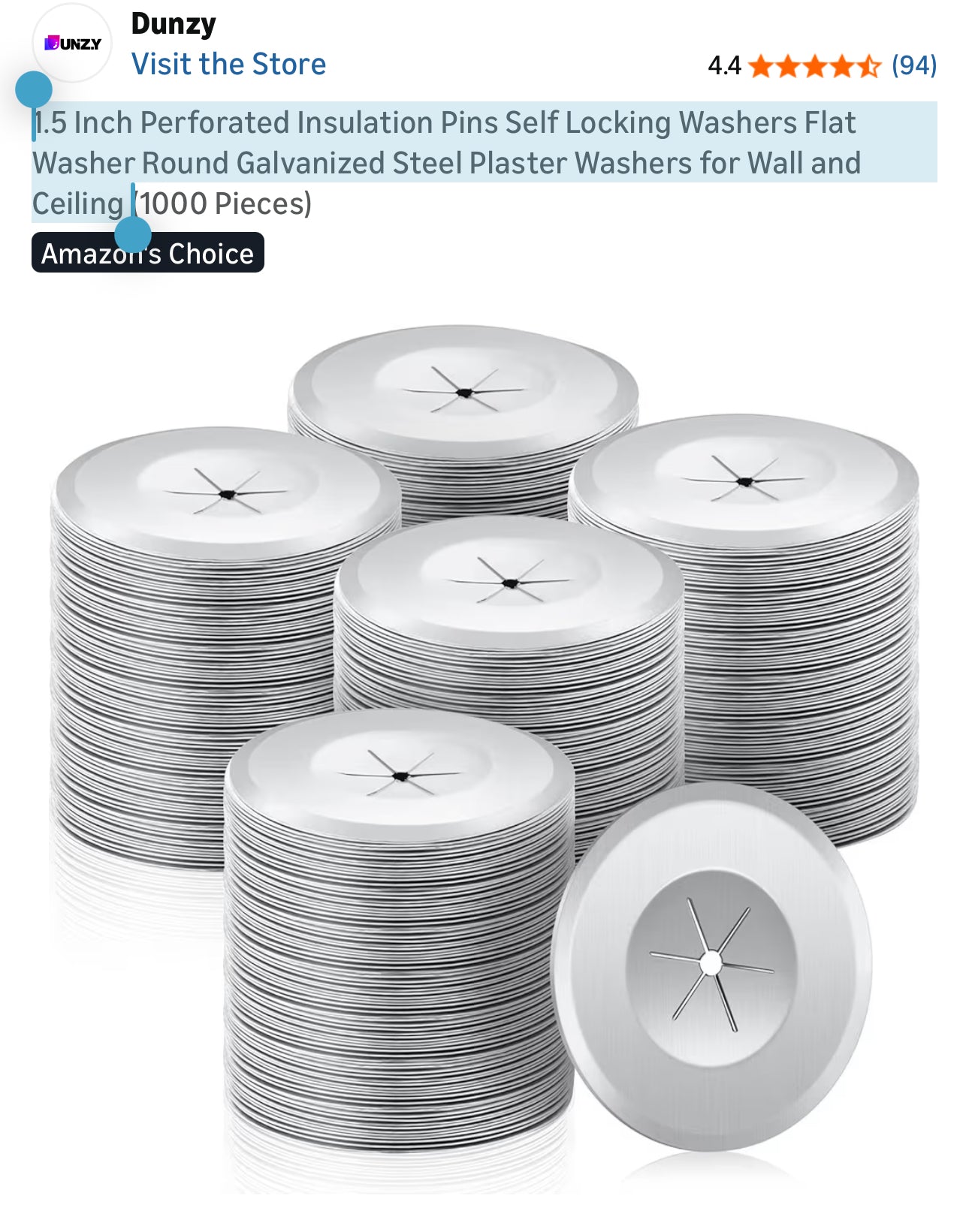 Dunzy 1.5 Inch Perforated Insulation Pins Self Locking Washers Flat Washer Round Galvanized Steel Plaster Washers for Wall and Ceiling