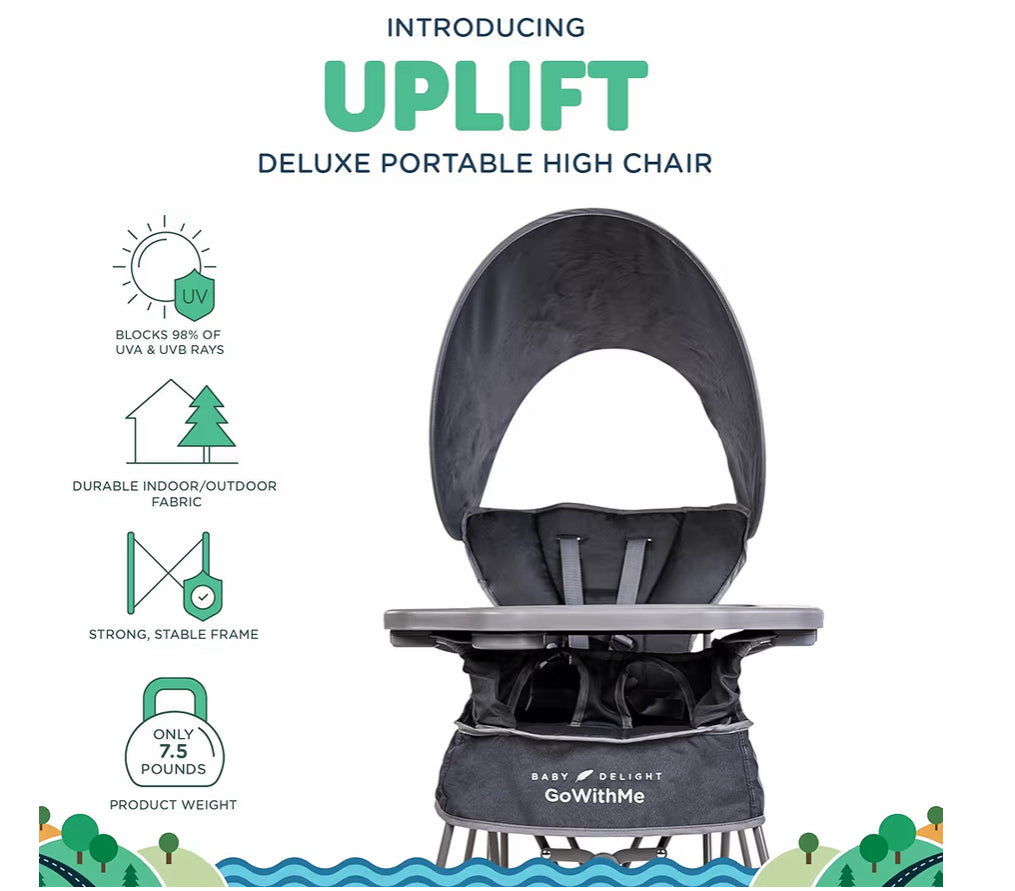 Baby Delight Go with Me Uplift Deluxe Portable High Chair | Sun Canopy | Indoor and Outdoor | Grey