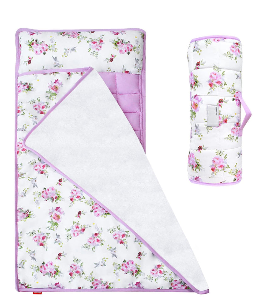 Toddler Nap Mat For Girls Floral, Kids Sleeping Mat With Fleece Blanket, Lightweight Perfect For Kids Preschool, Daycare, Travel Sleeping Bag, Fit Standard Cot