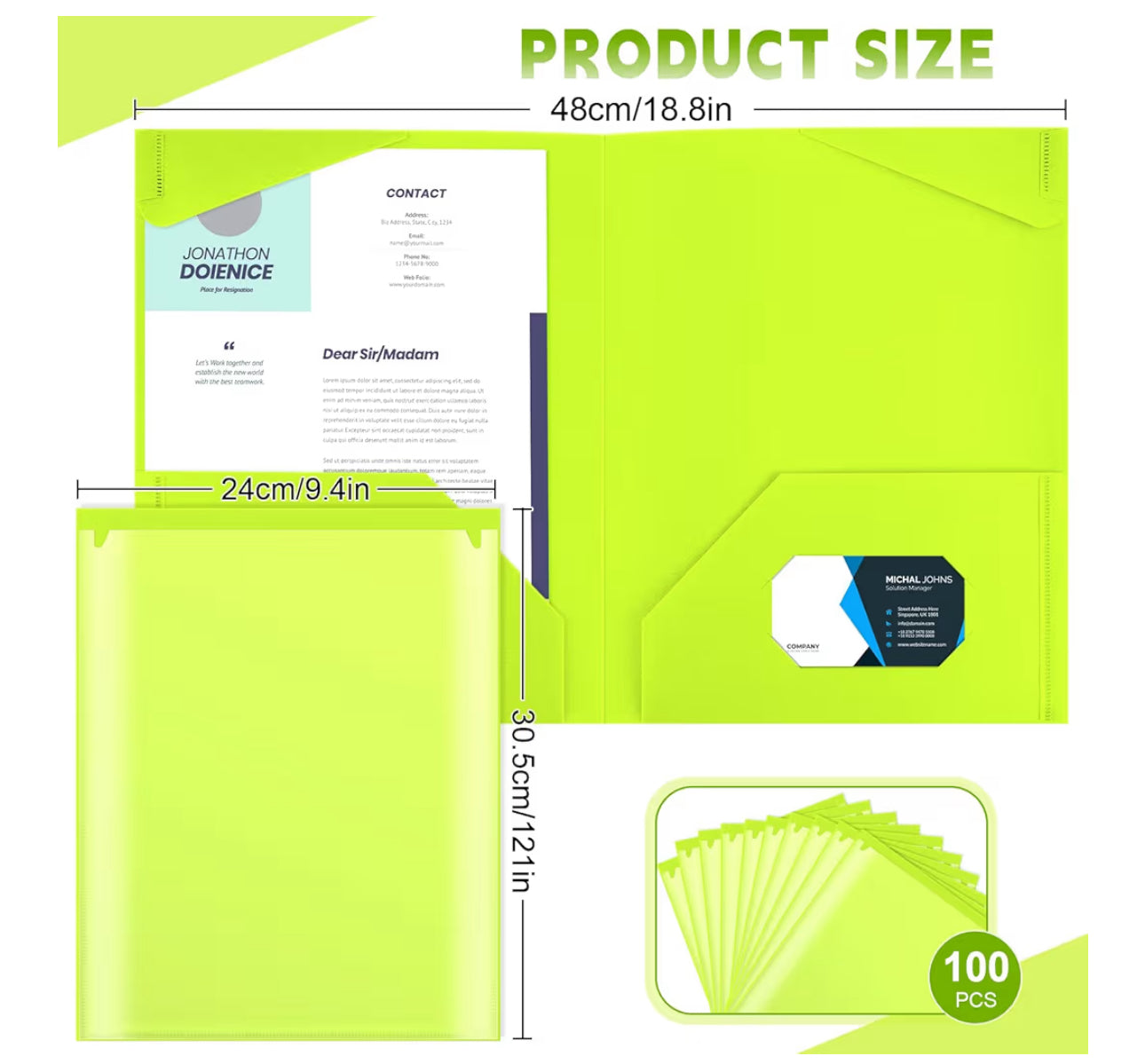 Henoyso 100 Pcs Plastic Folders With Clear Front Pockets Bulk Heavy Duty File Folders With 2 Pockets And Card Slot For Student Teacher Back To School Supplies Office Presentation (Fluorescent Green)