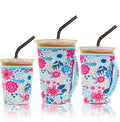 3 Pack Iced Coffee Sleeve Insulator Sleeves For Cold Drinks Beverages Reusable Neoprene Cup Sleeve With Handle Cup Holder For Starbucks Coffee, Dunkin Coffee, More (Flower Cluster)