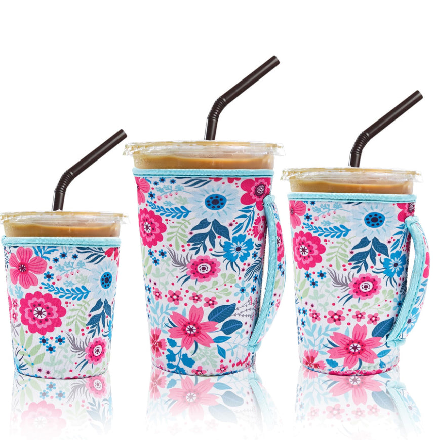 3 Pack Iced Coffee Sleeve Insulator Sleeves For Cold Drinks Beverages Reusable Neoprene Cup Sleeve With Handle Cup Holder For Starbucks Coffee, Dunkin Coffee, More (Flower Cluster)