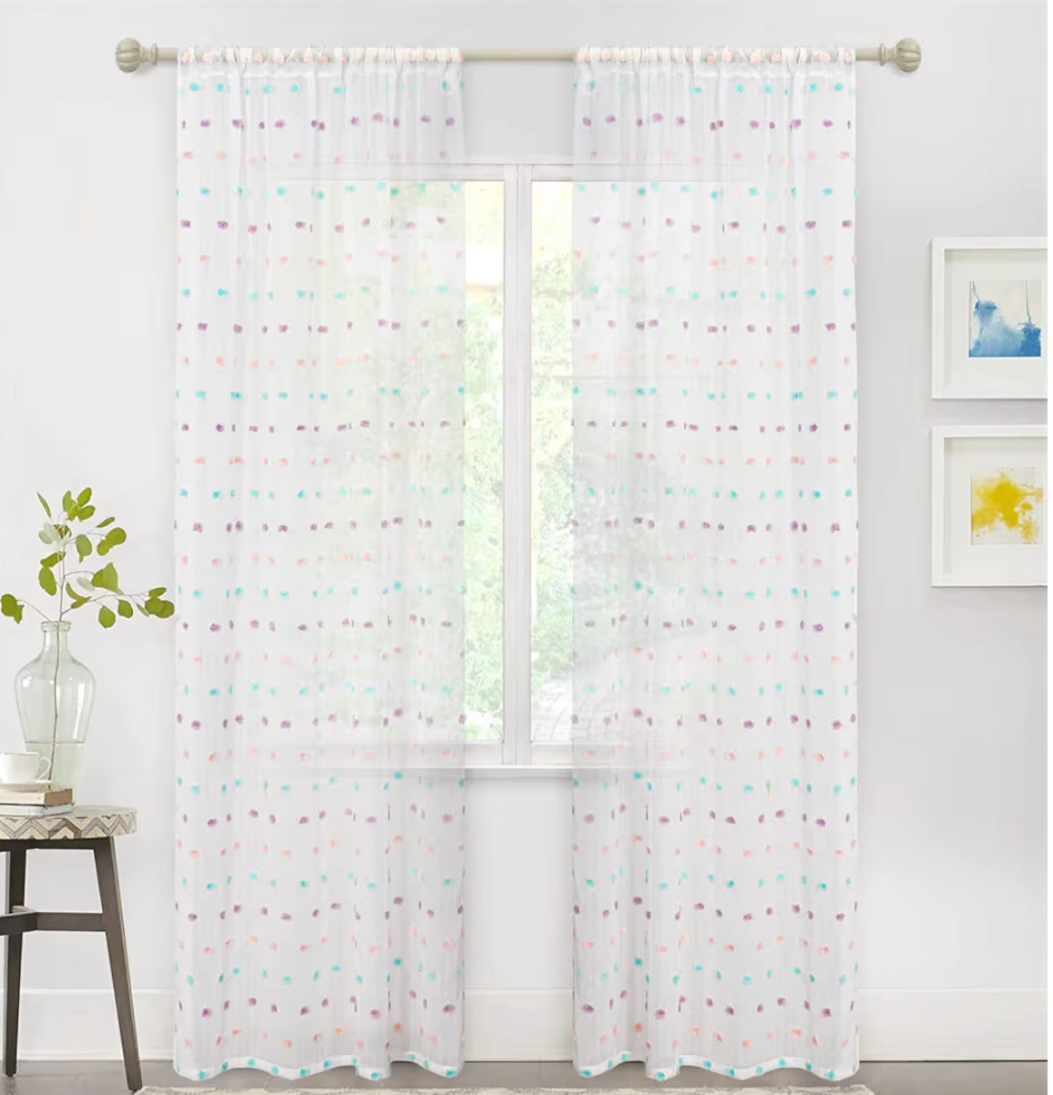 MYSKY HOME Rainbow Pom Pom Curtains For Living Room Light Filtering 90 Inch Long Bedroom Curtains For Nursery Girls Kids Room Rod Pocket Bohemian Voile Window Drapes 52 X 90 Inch 2 Panels