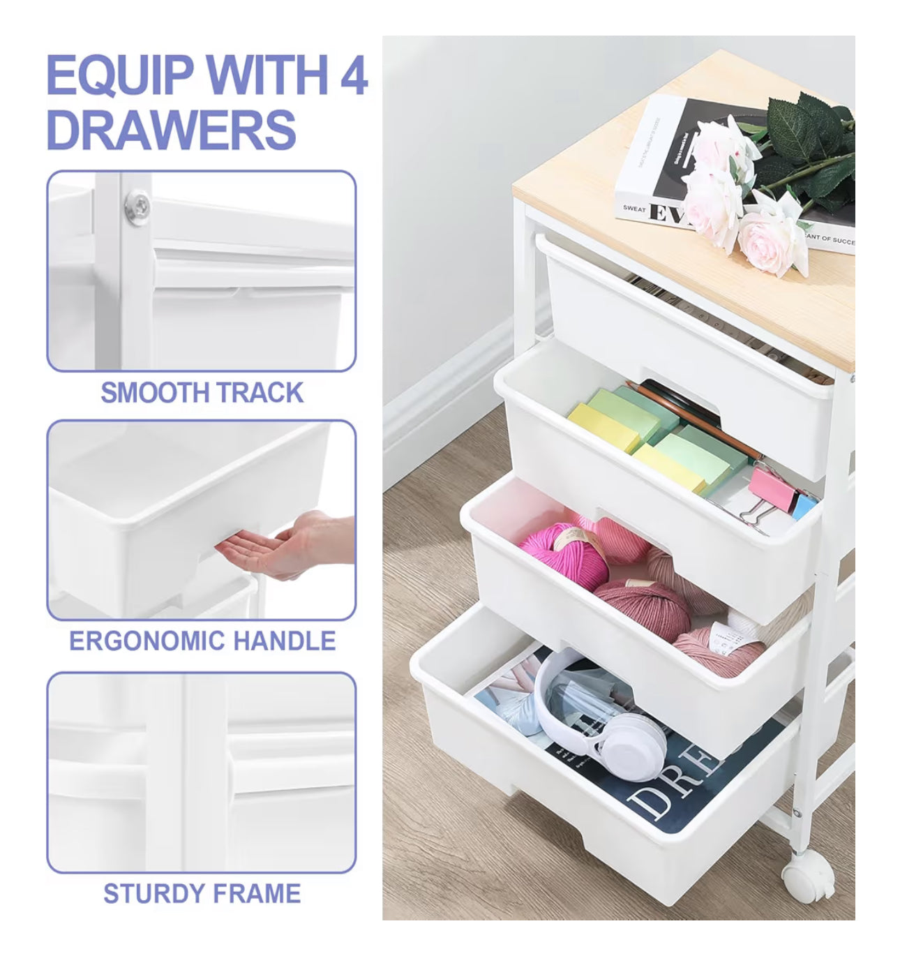 SYKIARIOL Utility Cart With 4 Drawers, Multipurpose Rolling Storage Cart With 4 Drawers And 2 Lockable Wheels, 4-Tier Rolling Storage Cart Organizer For Home Office Dorm, Bright White